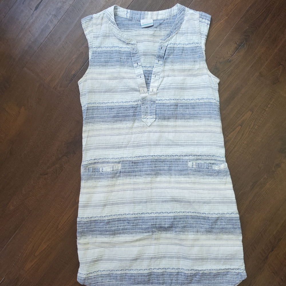 Columbia Hemp Linen Striped Summer Dress Size Small Blue Tan White Beach Pockets